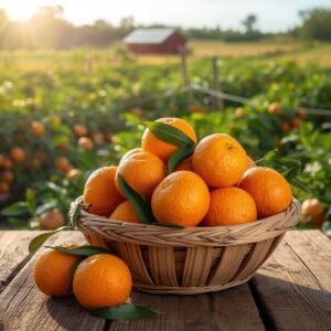 Organic fruits oranges fresh harvested in wooden basket from GreenCart Harvest farm